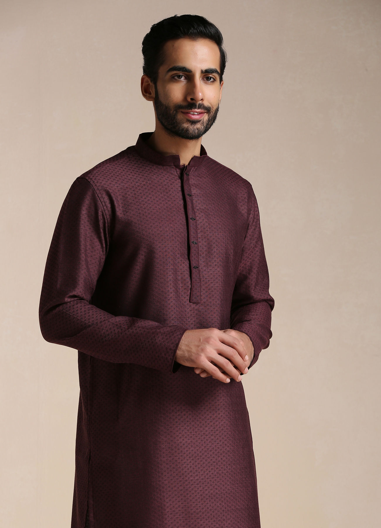 Manyavar Men Mauve Wine Dotted Patterned Kurta Set