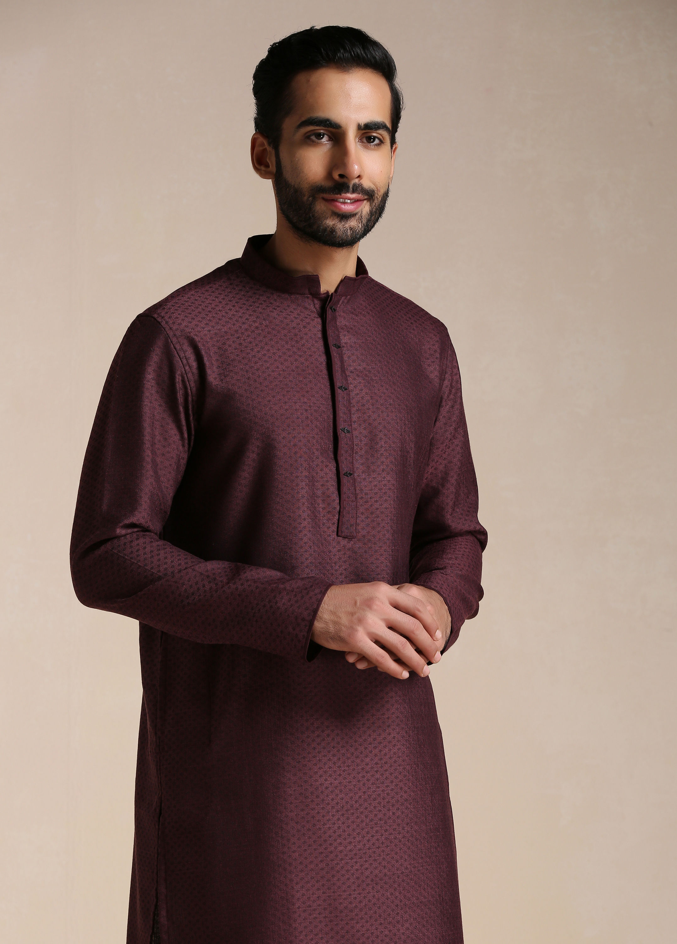 Manyavar Men Mauve Wine Dotted Patterned Kurta Set