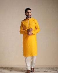 Manyavar Men Orange Cotton Kurta With Embroidered Collar