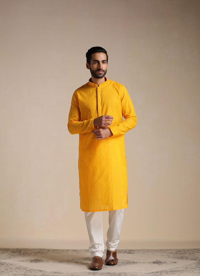 Manyavar Men Orange Cotton Kurta With Embroidered Collar