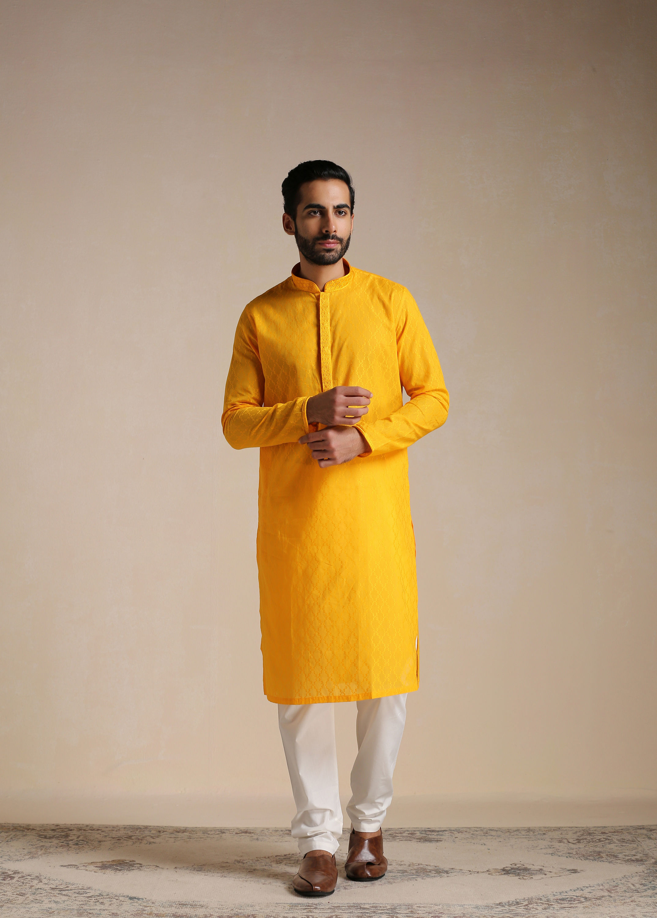 Manyavar Men Orange Cotton Kurta With Embroidered Collar