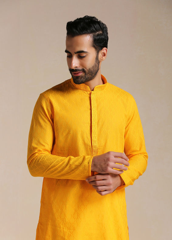 Manyavar Men Orange Cotton Kurta With Embroidered Collar
