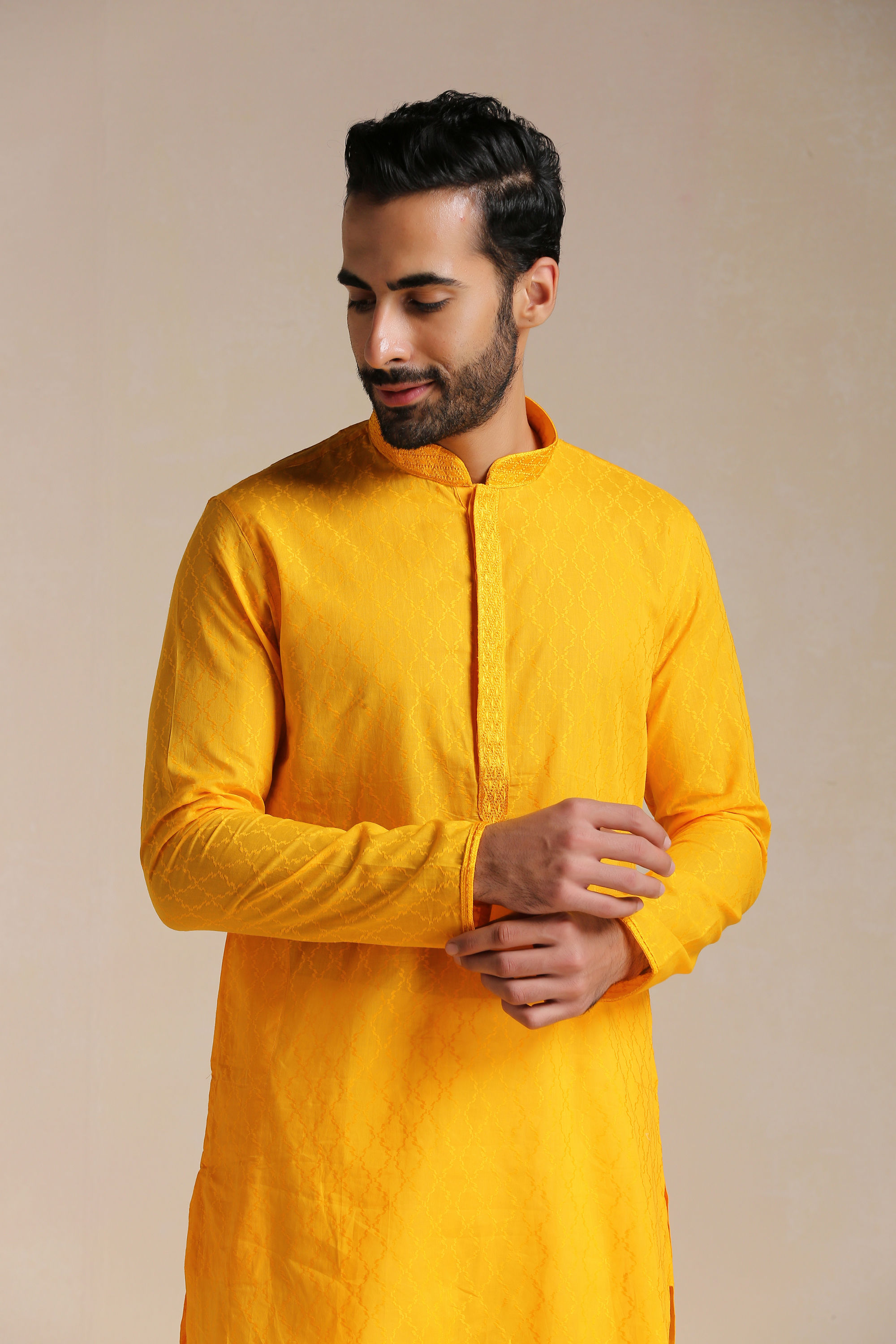 Manyavar Men Orange Cotton Kurta With Embroidered Collar