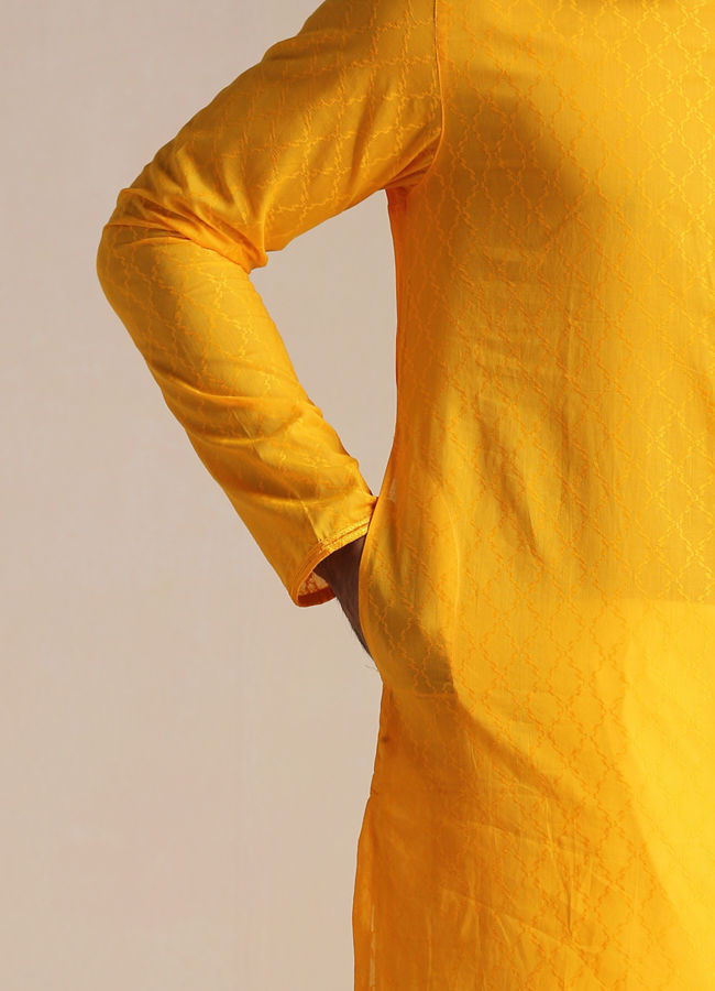 Manyavar Men Orange Cotton Kurta With Embroidered Collar