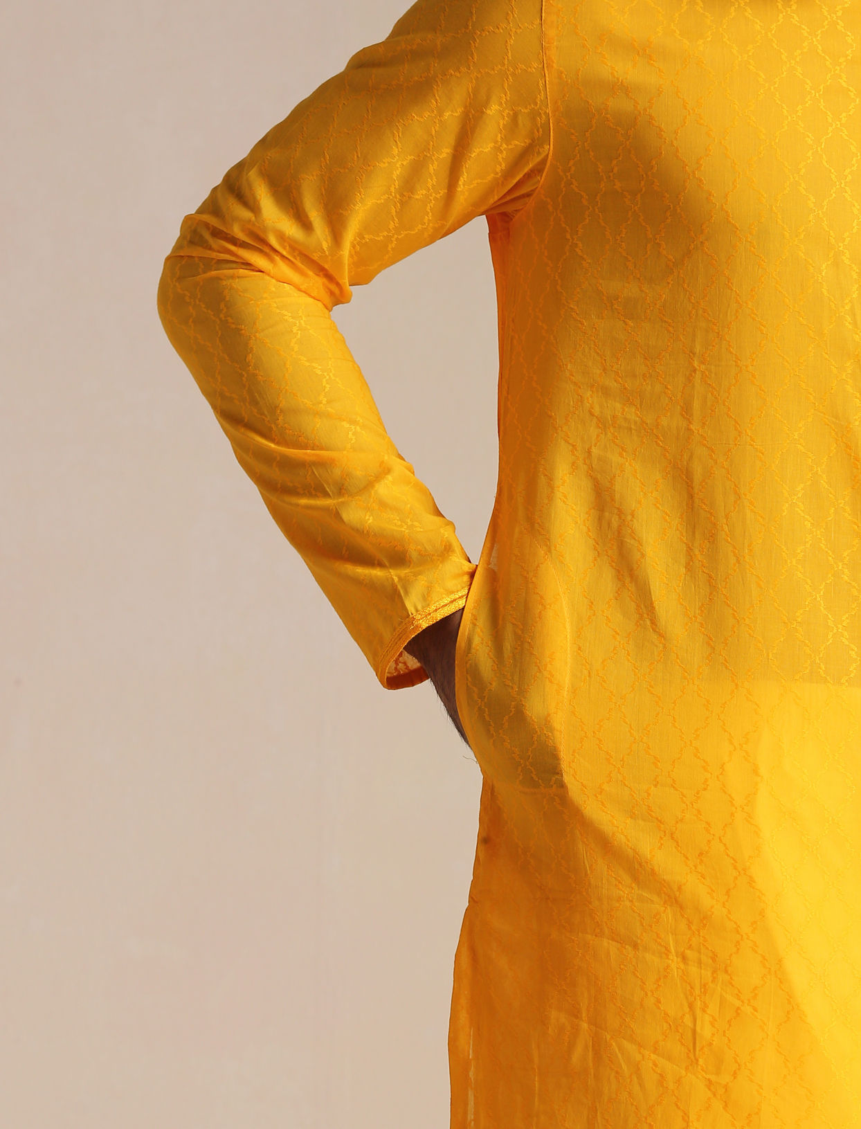 Manyavar Men Orange Cotton Kurta With Embroidered Collar