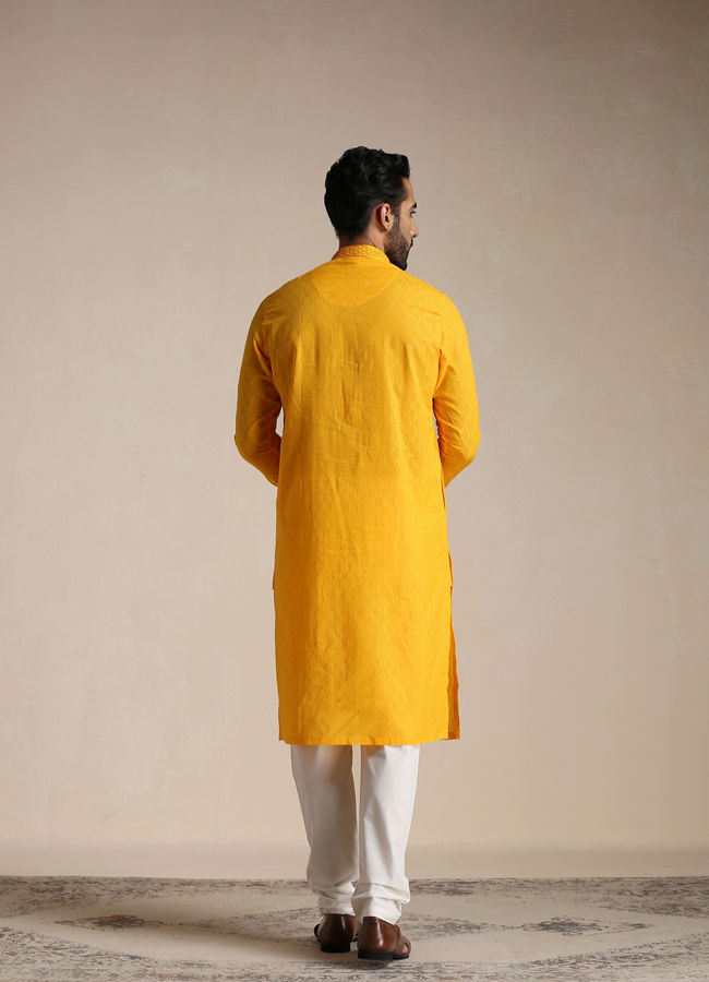 Manyavar Men Orange Cotton Kurta With Embroidered Collar