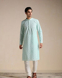 Manyavar Men Mint Green Chikankari Embroidered Kurta Set 