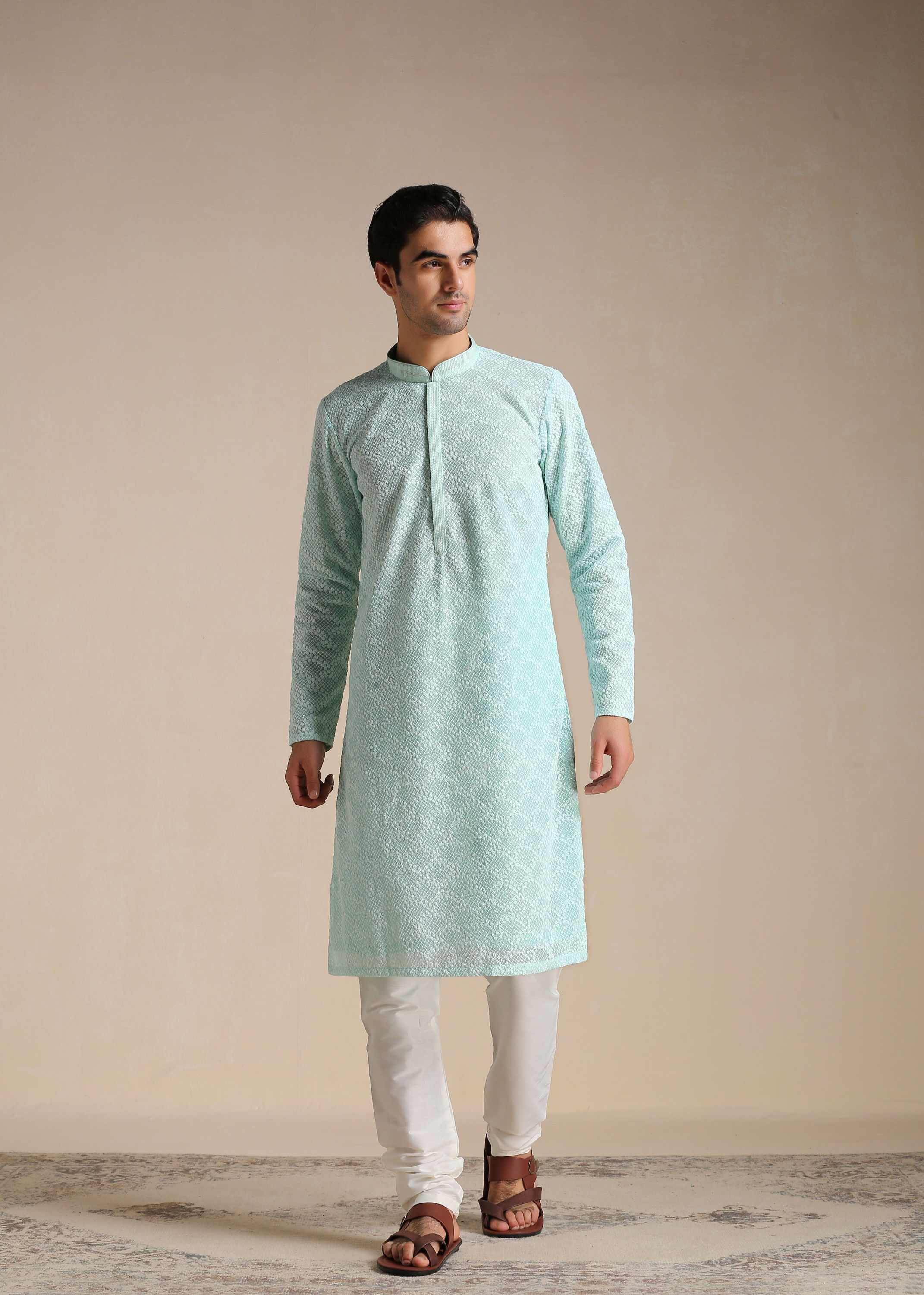 Manyavar Men Mint Green Chikankari Embroidered Kurta Set 