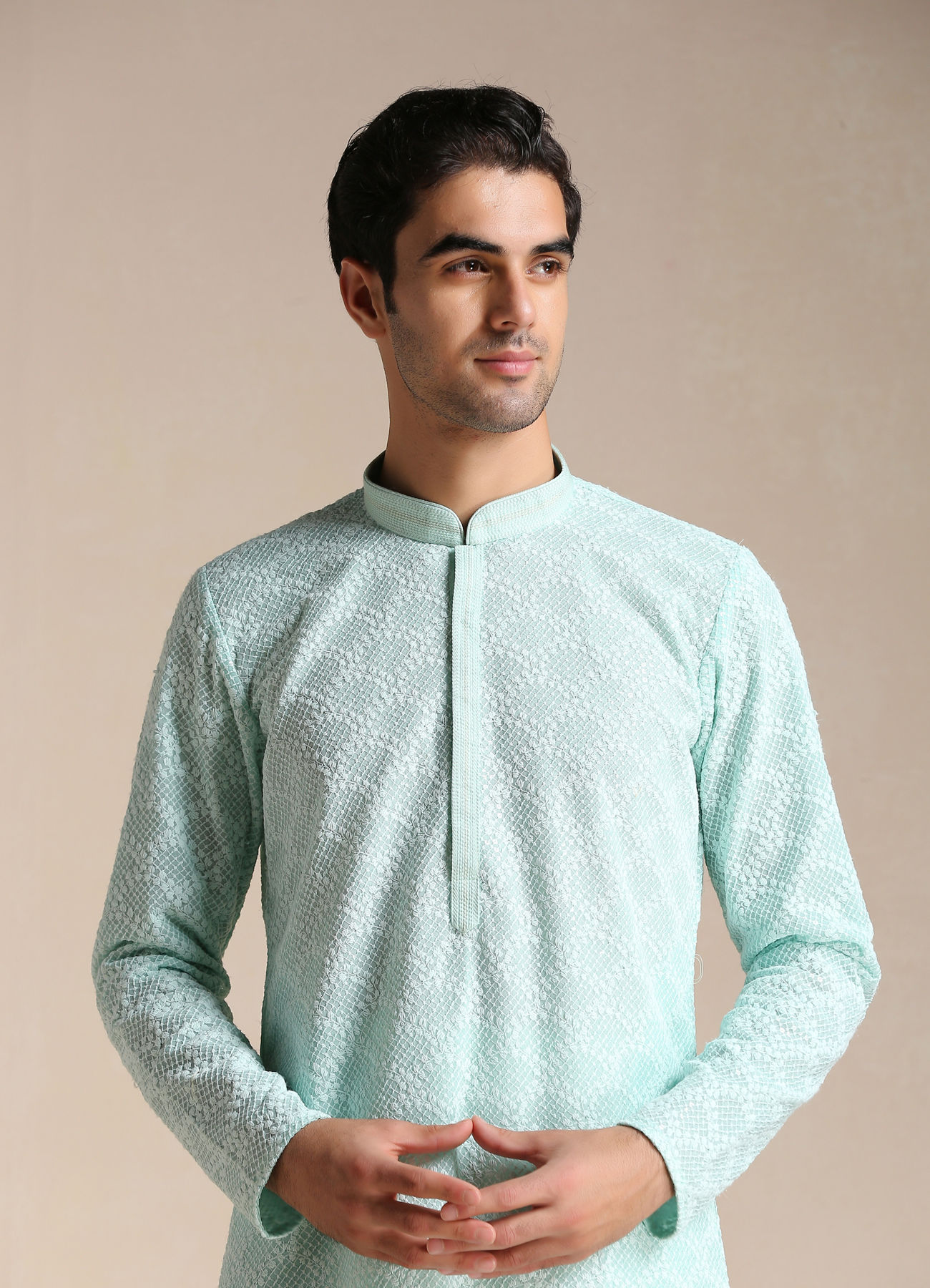 Manyavar Men Mint Green Chikankari Embroidered Kurta Set 