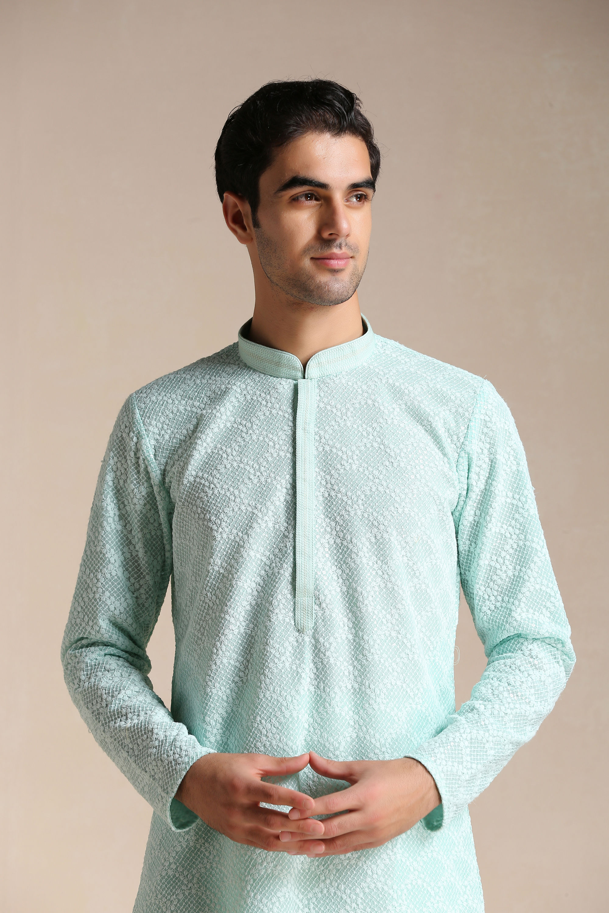 Manyavar Men Mint Green Chikankari Embroidered Kurta Set 