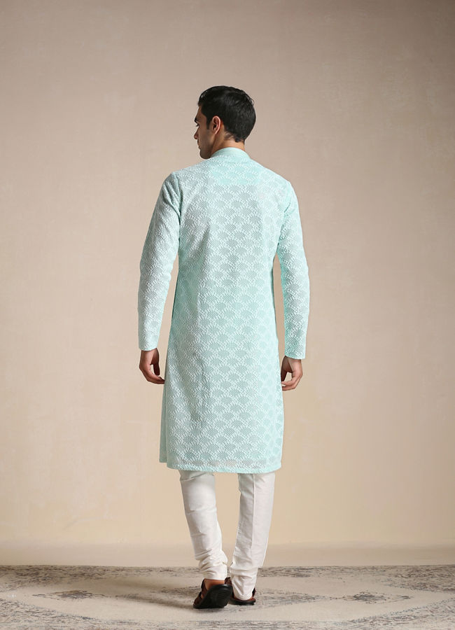 Manyavar Men Mint Green Chikankari Embroidered Kurta Set 