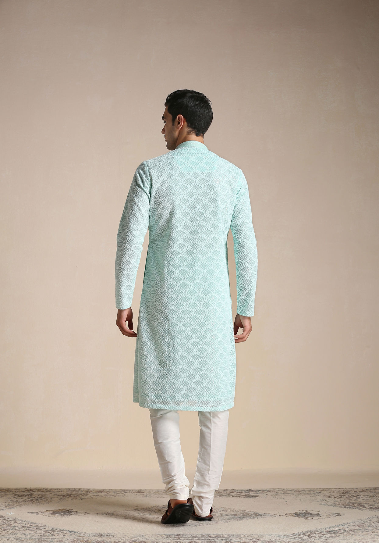 Manyavar Men Mint Green Chikankari Embroidered Kurta Set 