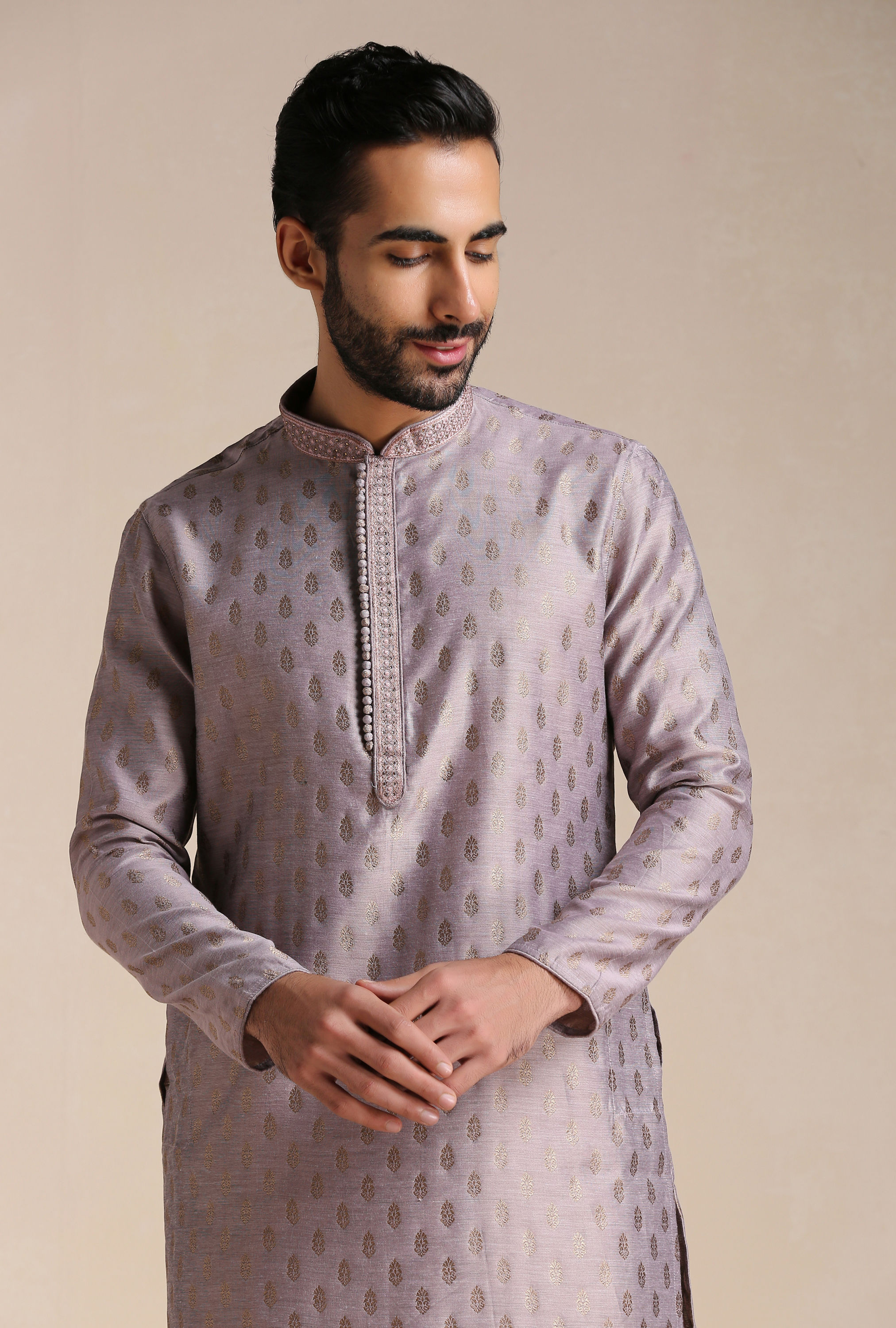 Manyavar Men Purple Jacquard Kurta Set