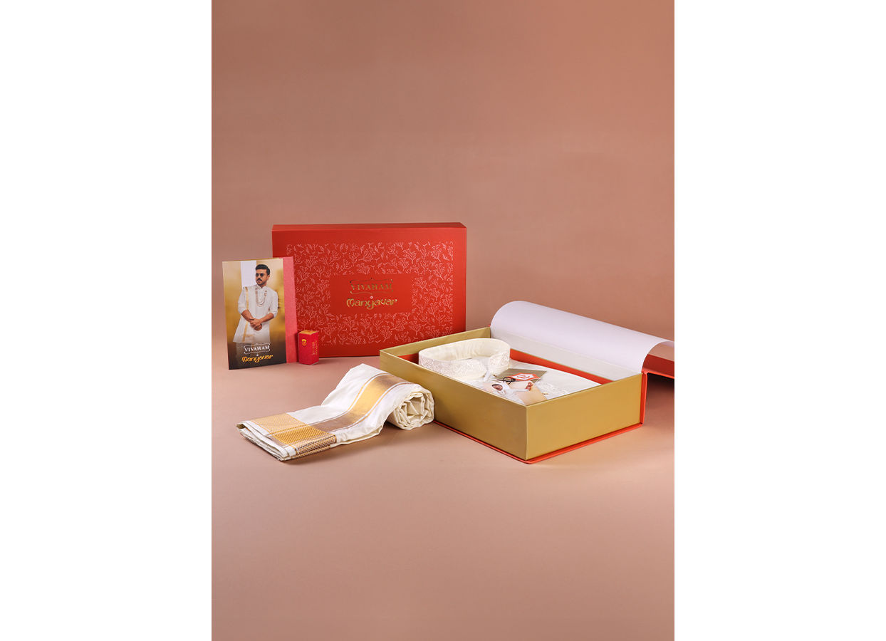 Manyavar Men Bright Cream Detailed Traditional South Indian Shirt and Veshti Set