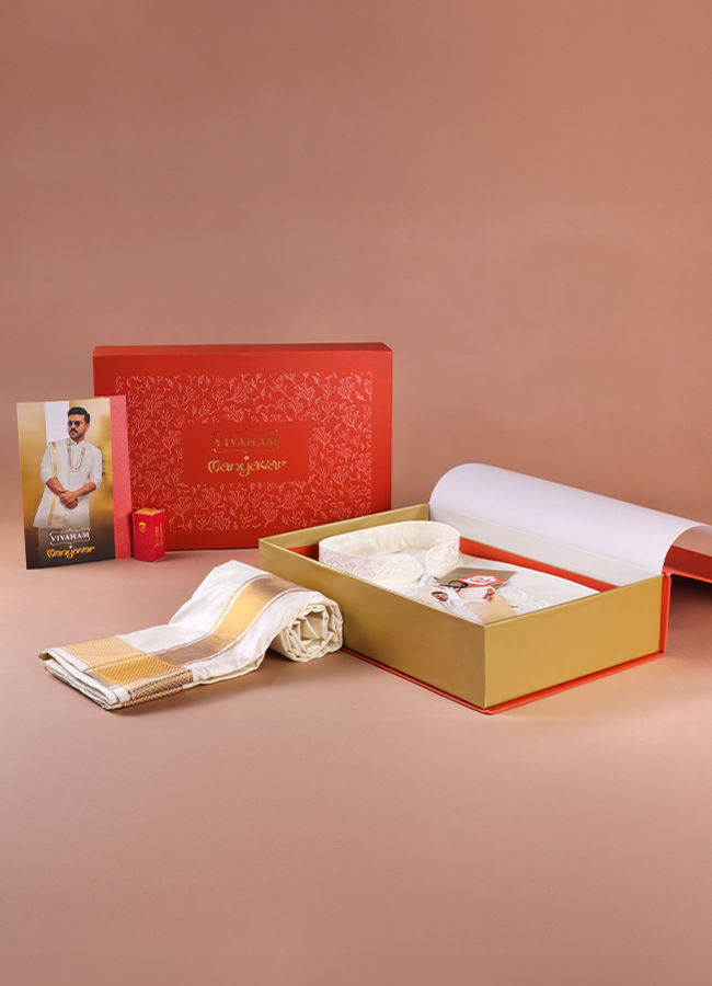 Manyavar Men Ivory White Traditional South Indian Kurta Pancha Set
