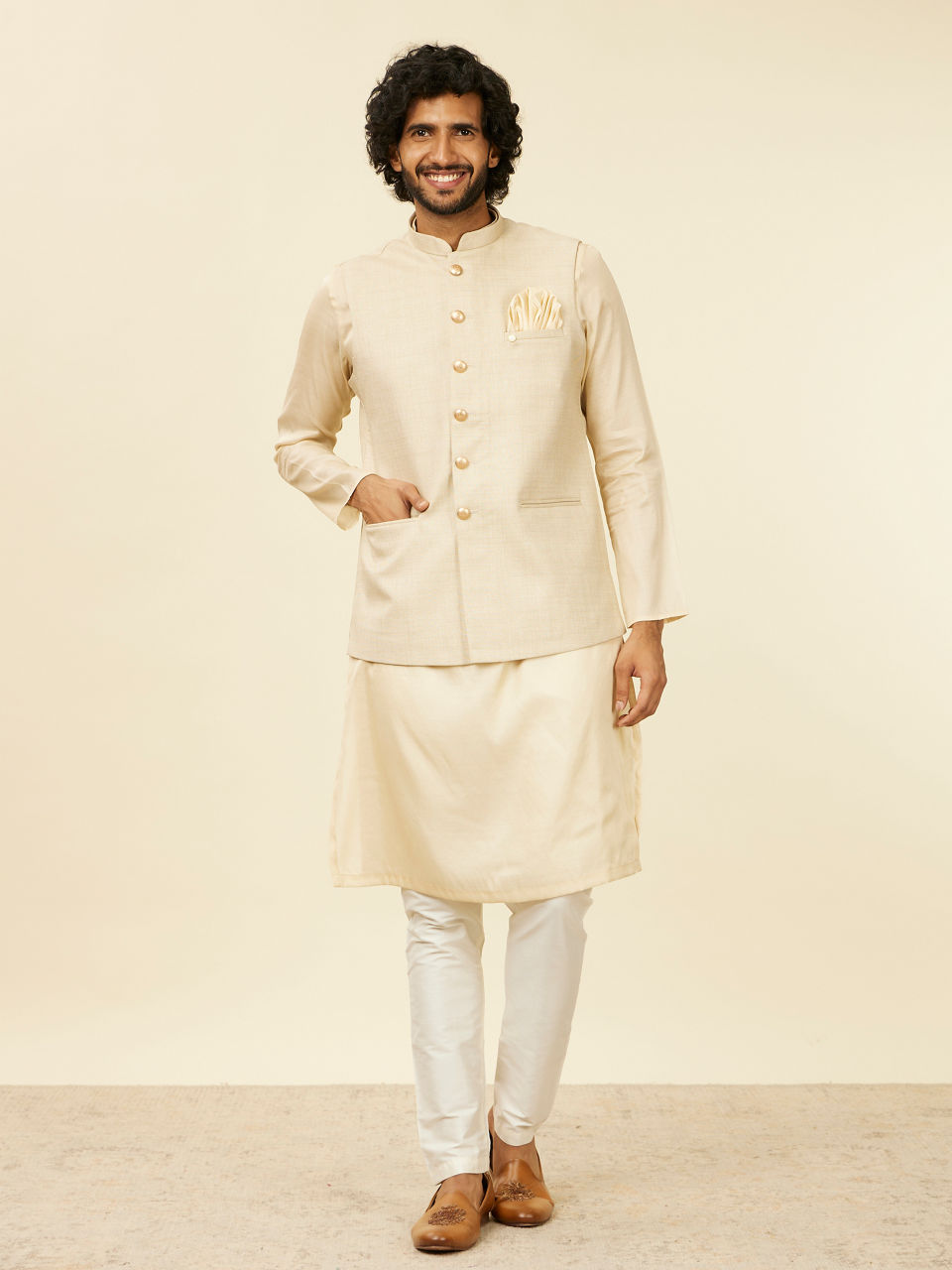 Manyavar Men Soft Beige Self Patterned Nehru Jacket