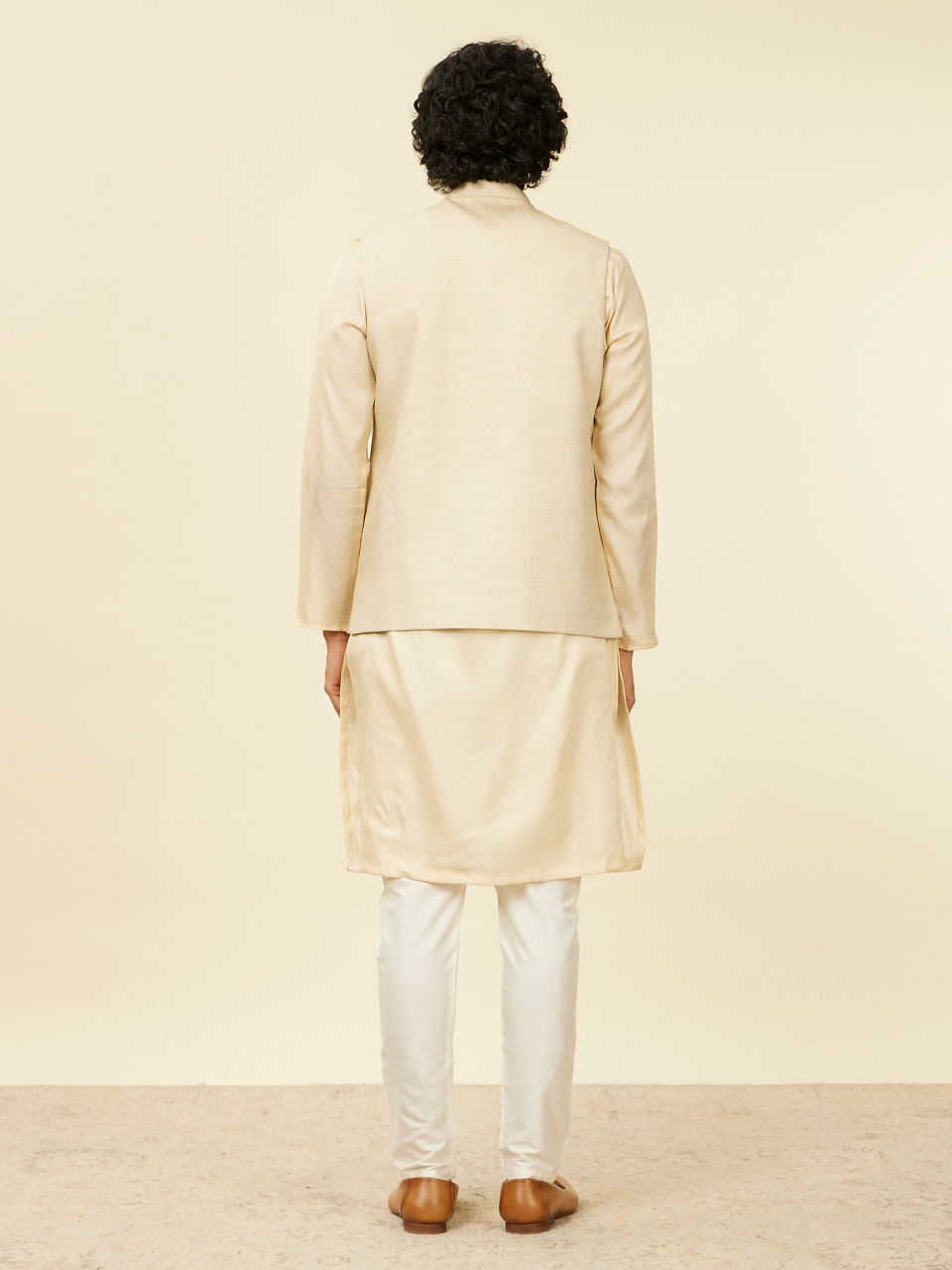 Manyavar Men Soft Beige Self Patterned Nehru Jacket