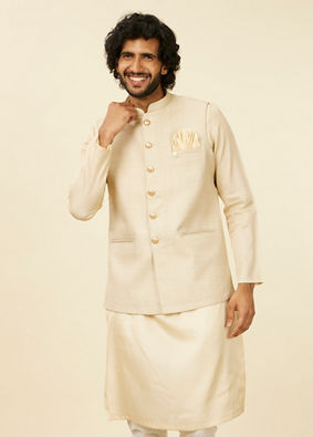 alt message - Manyavar Men Soft Beige Self Patterned Nehru Jacket