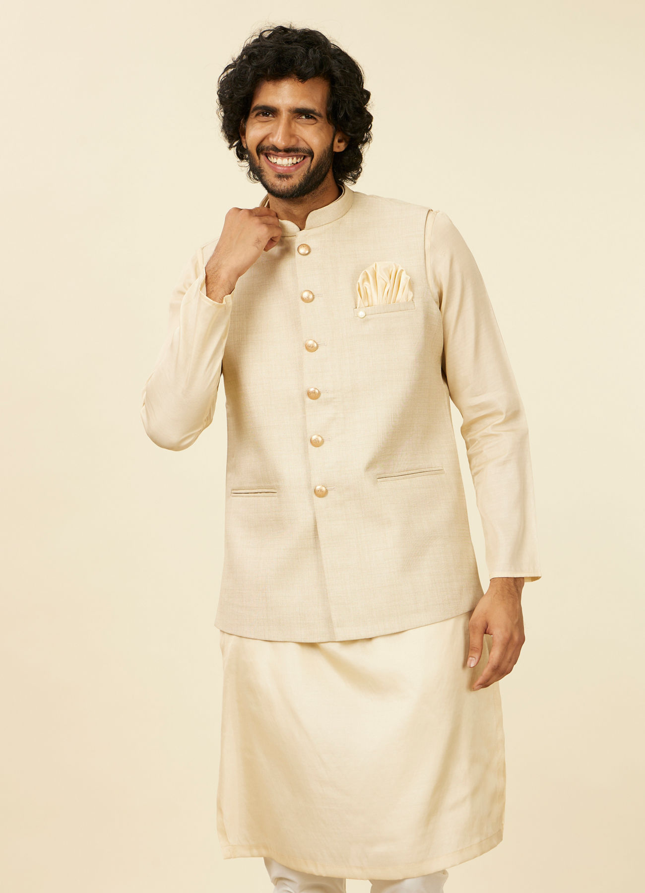 Manyavar Men Soft Beige Self Patterned Nehru Jacket