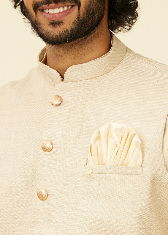 Manyavar Men Soft Beige Self Patterned Nehru Jacket