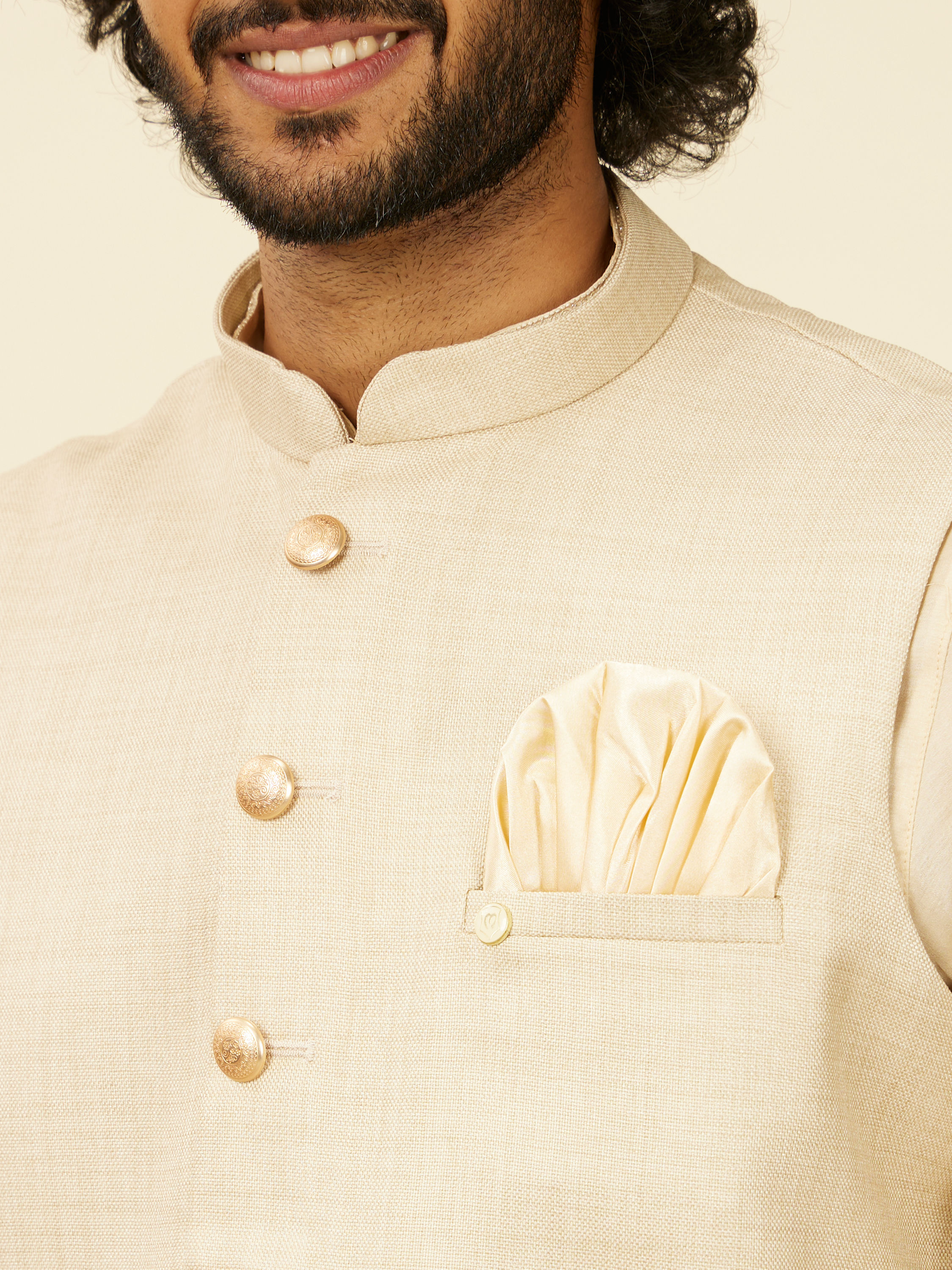 Manyavar Men Soft Beige Self Patterned Nehru Jacket