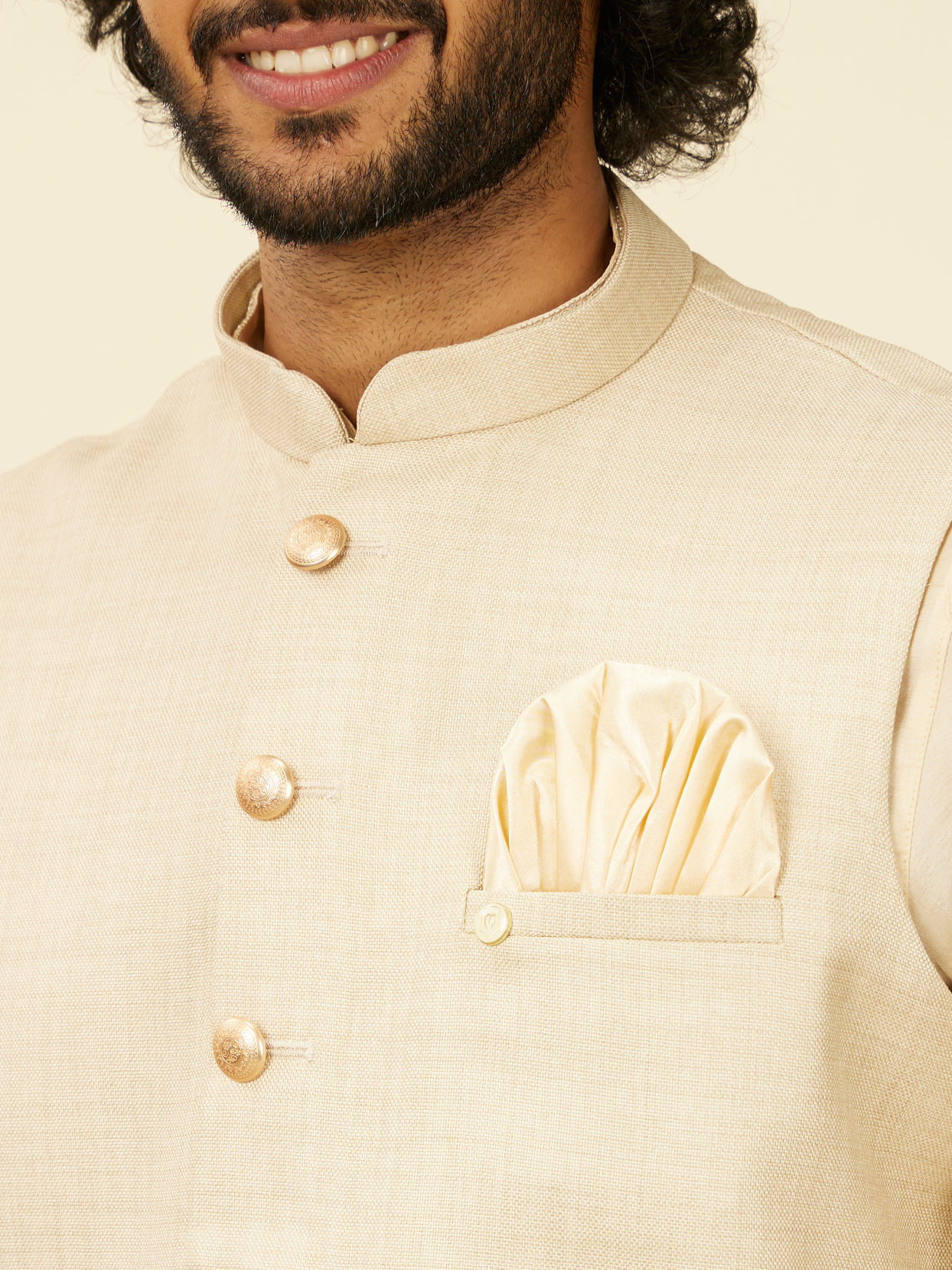 alt message - Manyavar Men Soft Beige Self Patterned Nehru Jacket image number 1