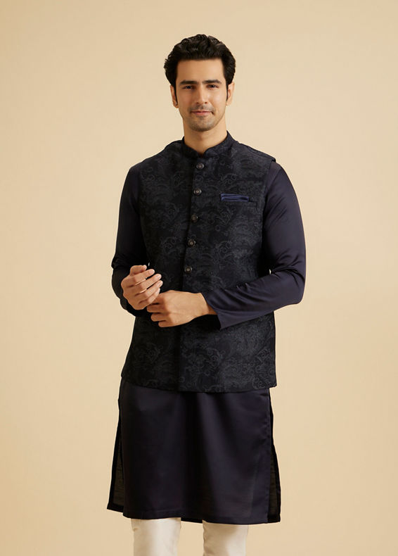 Manyavar Men Lustrous Blue Nehru Jacket