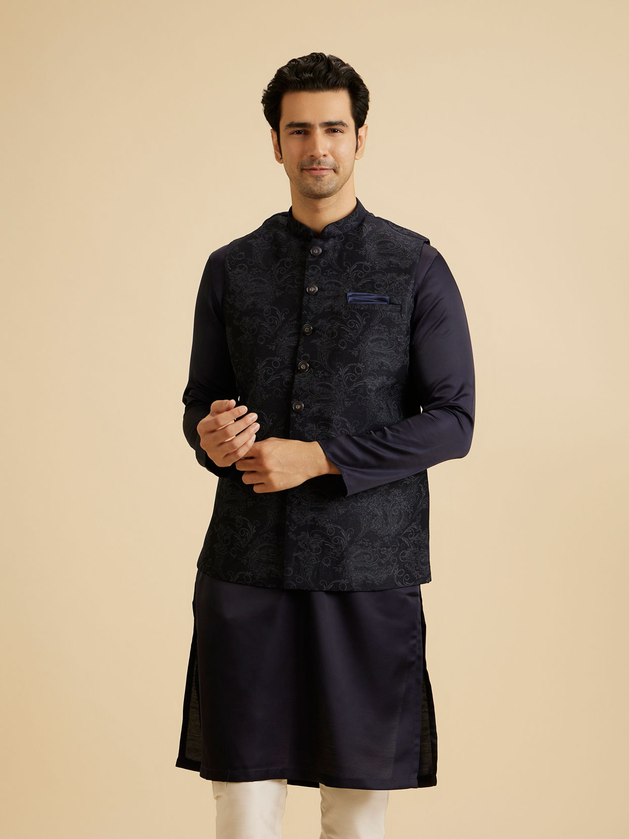 Manyavar Men Lustrous Blue Nehru Jacket
