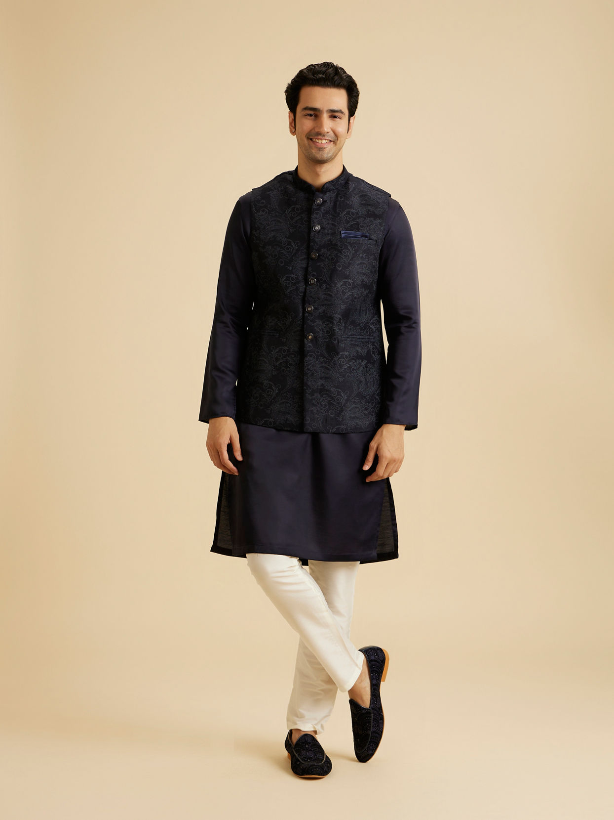 Manyavar Men Lustrous Blue Nehru Jacket