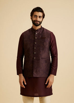 Manyavar Men Wine Blended Rayon Classic Fancy Nehru Jacket