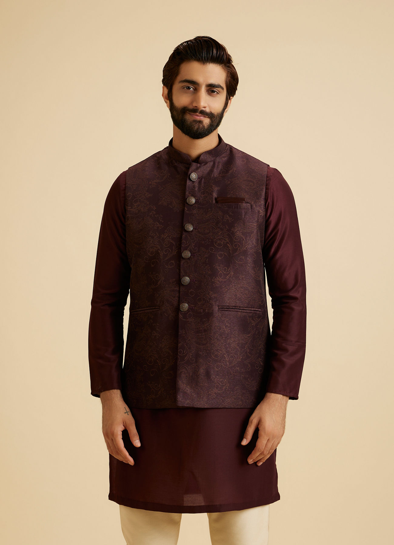 Manyavar Men Wine Blended Rayon Classic Fancy Nehru Jacket