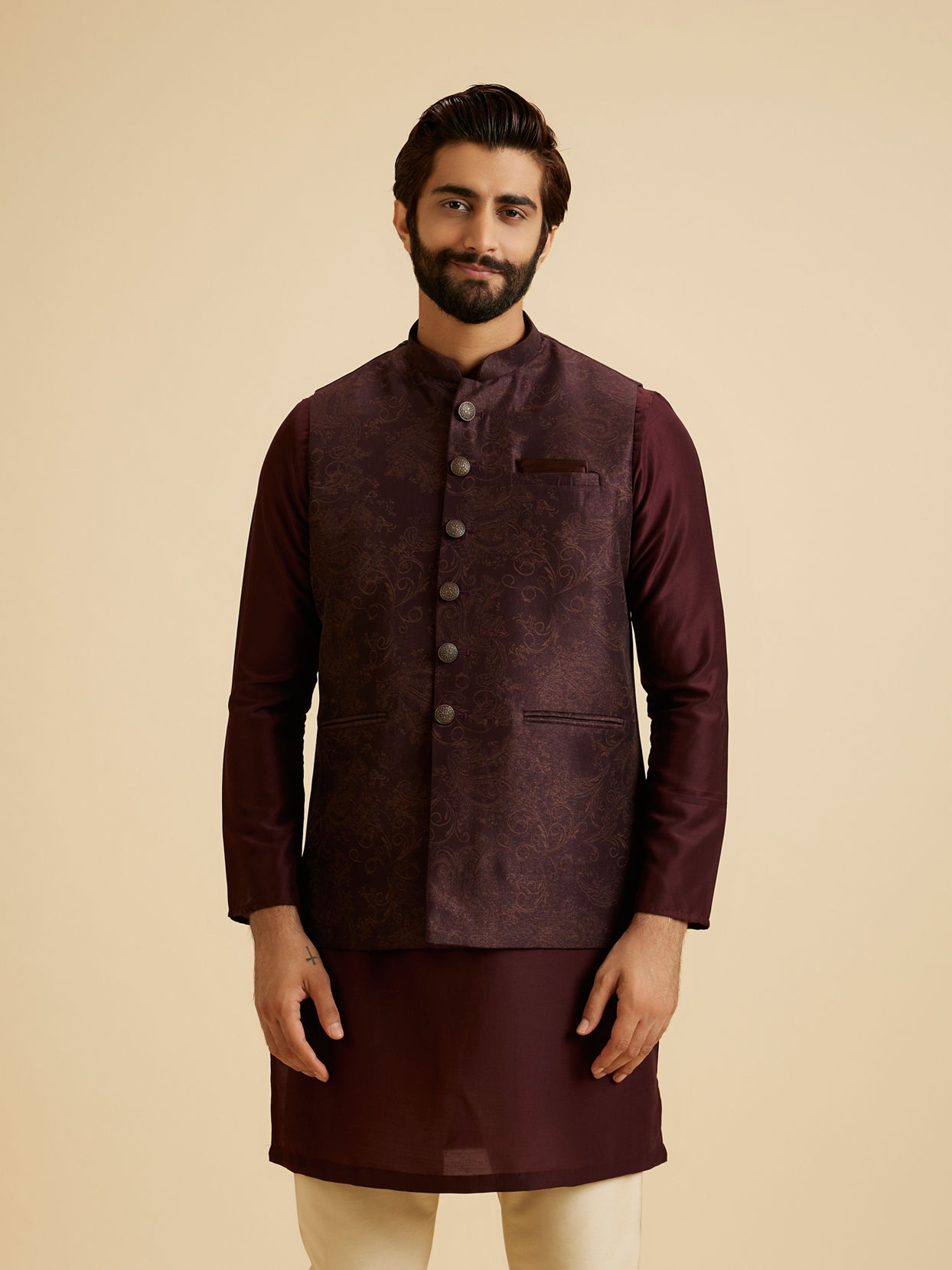 Manyavar Men Wine Blended Rayon Classic Fancy Nehru Jacket
