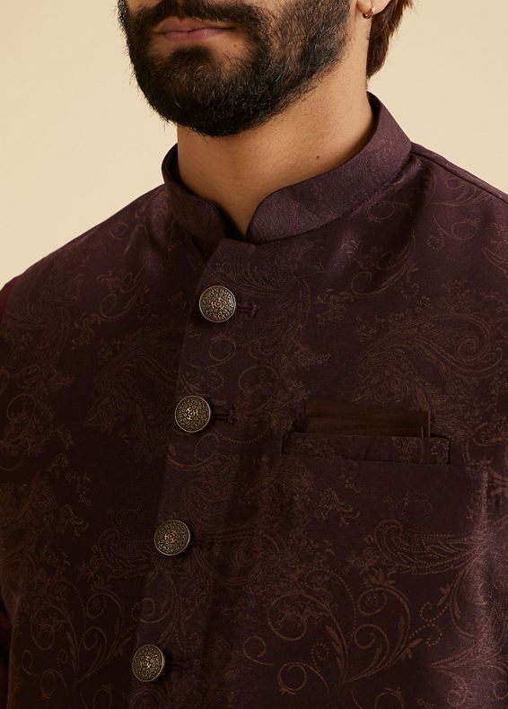 Manyavar Men Wine Blended Rayon Classic Fancy Nehru Jacket