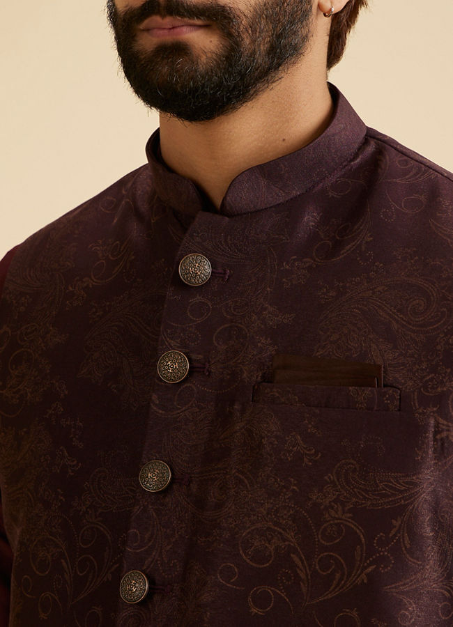 Manyavar Men Wine Blended Rayon Classic Fancy Nehru Jacket