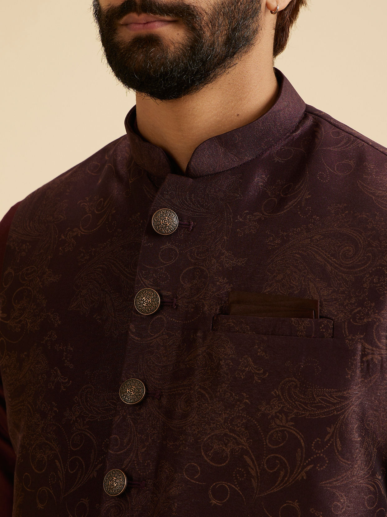 Manyavar Men Wine Blended Rayon Classic Fancy Nehru Jacket
