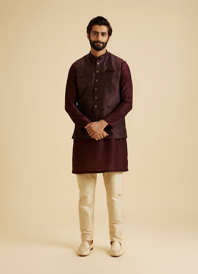 Manyavar Men Wine Blended Rayon Classic Fancy Nehru Jacket