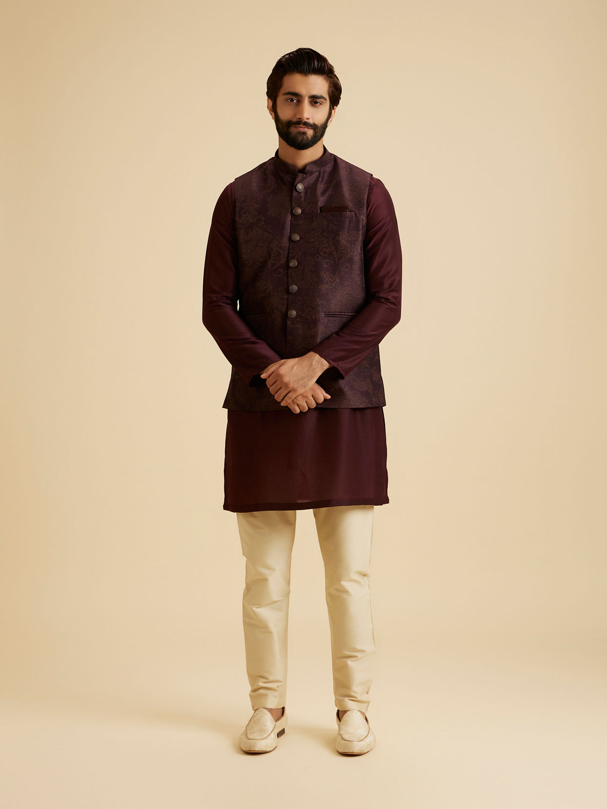 Manyavar Men Wine Blended Rayon Classic Fancy Nehru Jacket