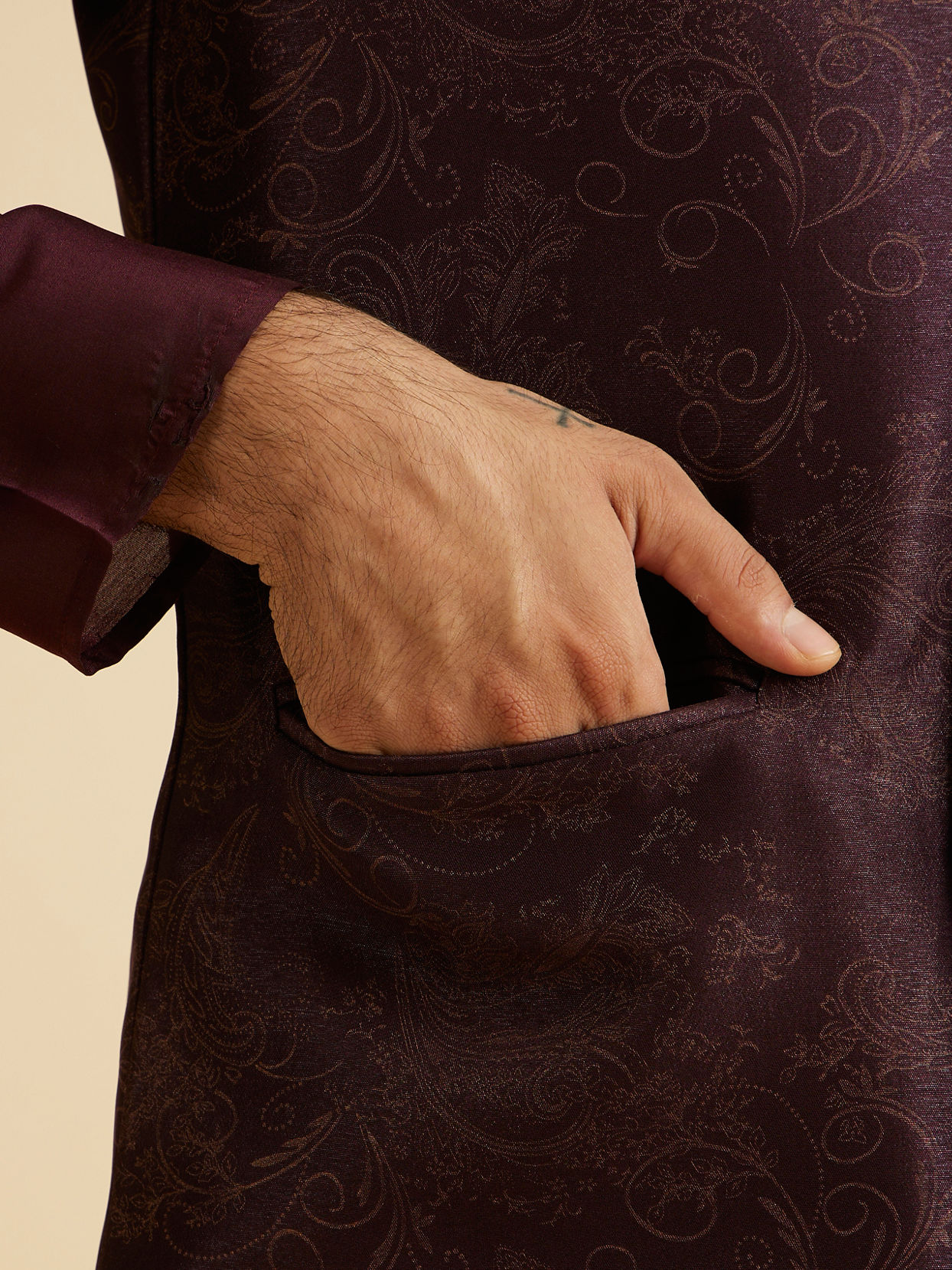 Manyavar Men Wine Blended Rayon Classic Fancy Nehru Jacket