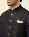 alt message - Manyavar Men Dark Blue Self Embossed Wear Jacket image number 1