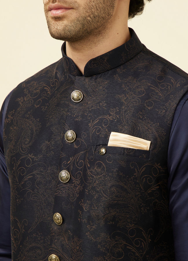 alt message - Manyavar Men Dark Blue Self Embossed Wear Jacket image number 1