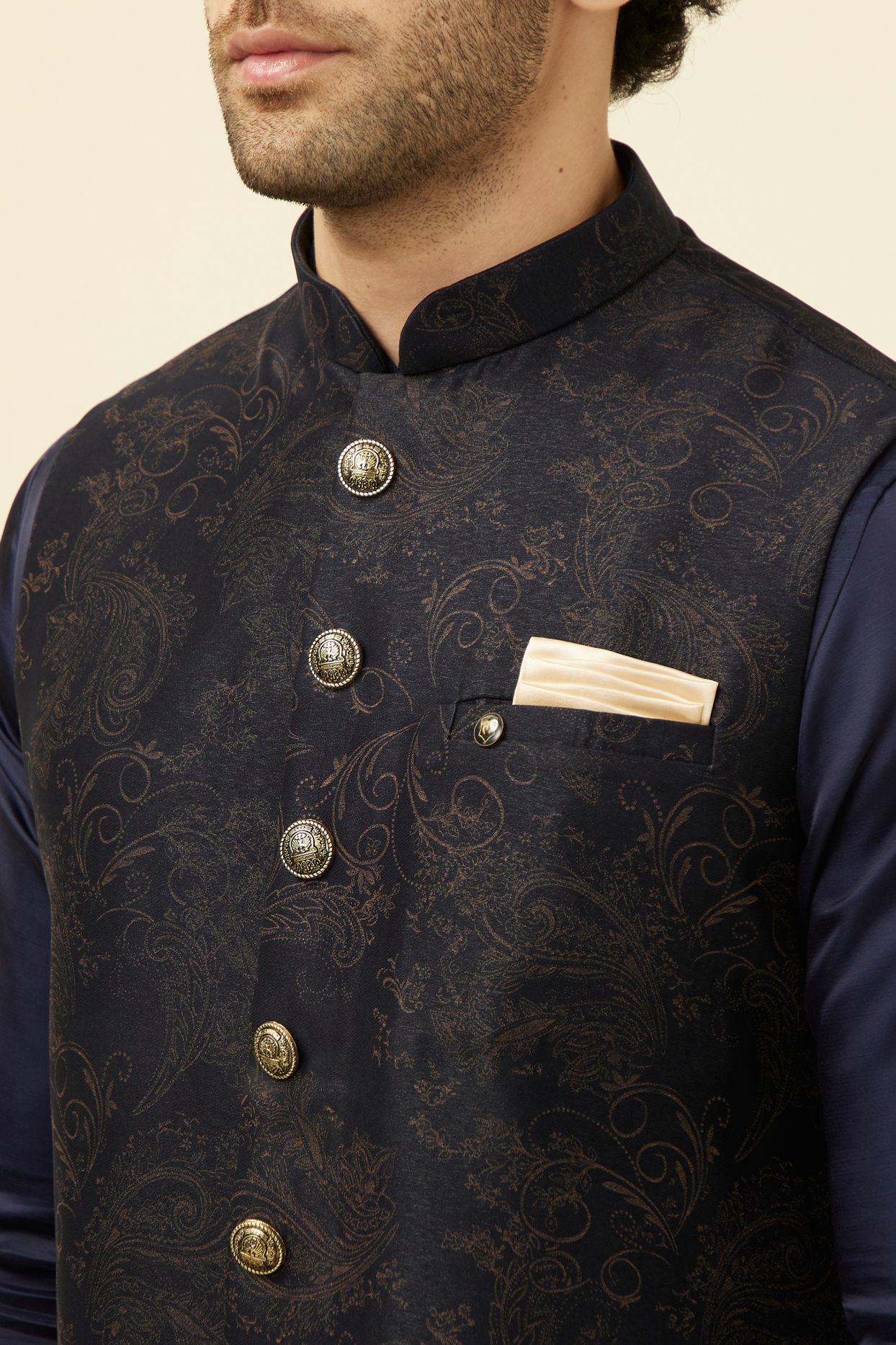 alt message - Manyavar Men Dark Blue Self Embossed Wear Jacket image number 1