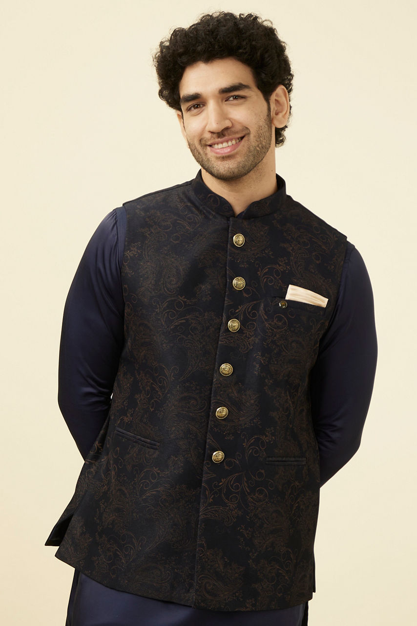 Manyavar Men Dark Blue Self Embossed Wear Jacket