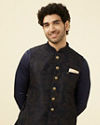 alt message - Manyavar Men Dark Blue Self Embossed Wear Jacket image number 0