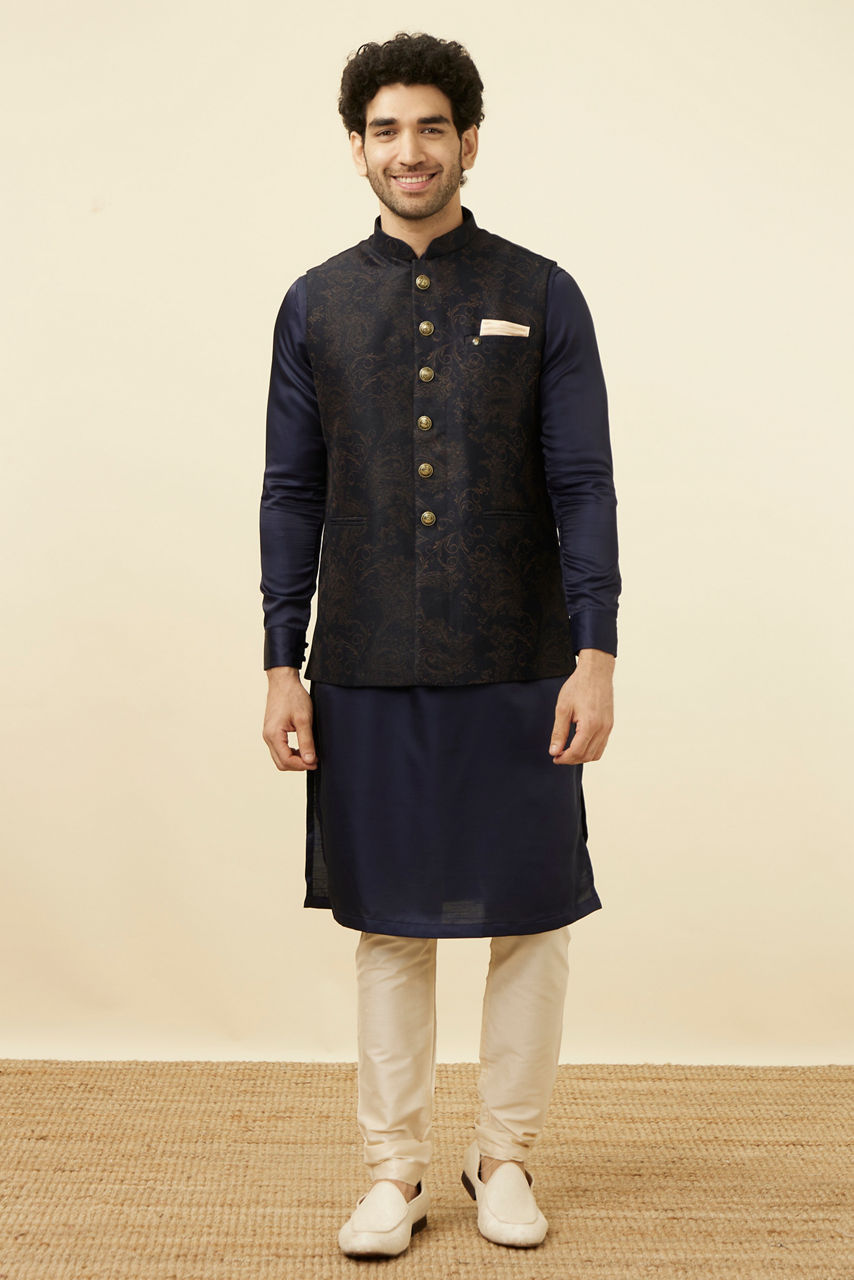 Manyavar Men Dark Blue Self Embossed Wear Jacket