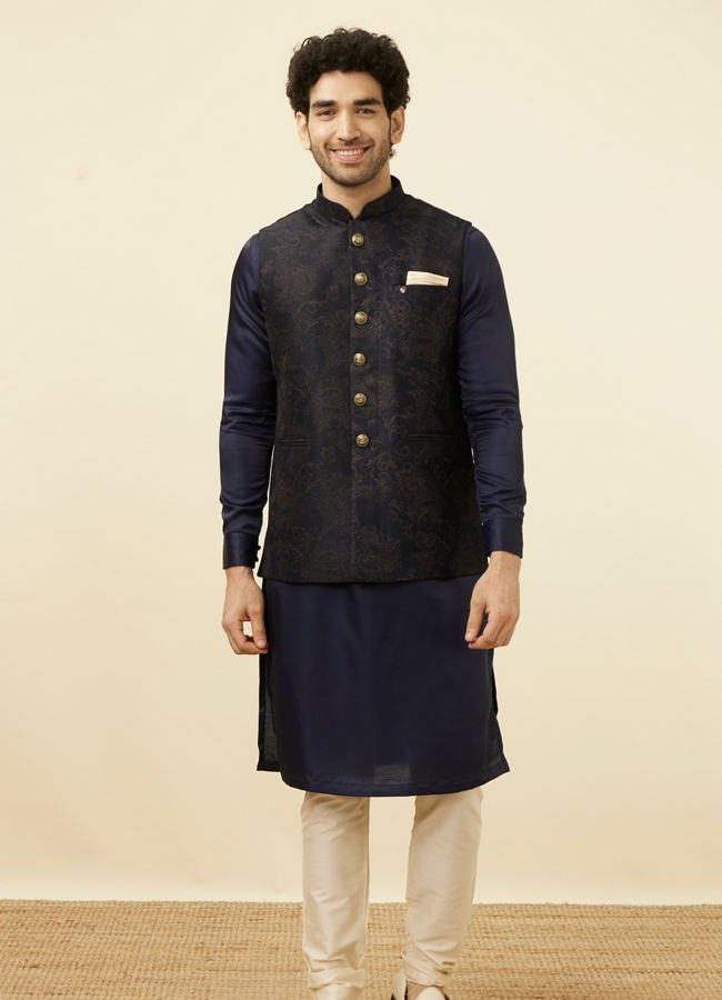 alt message - Manyavar Men Dark Blue Self Embossed Wear Jacket image number 2