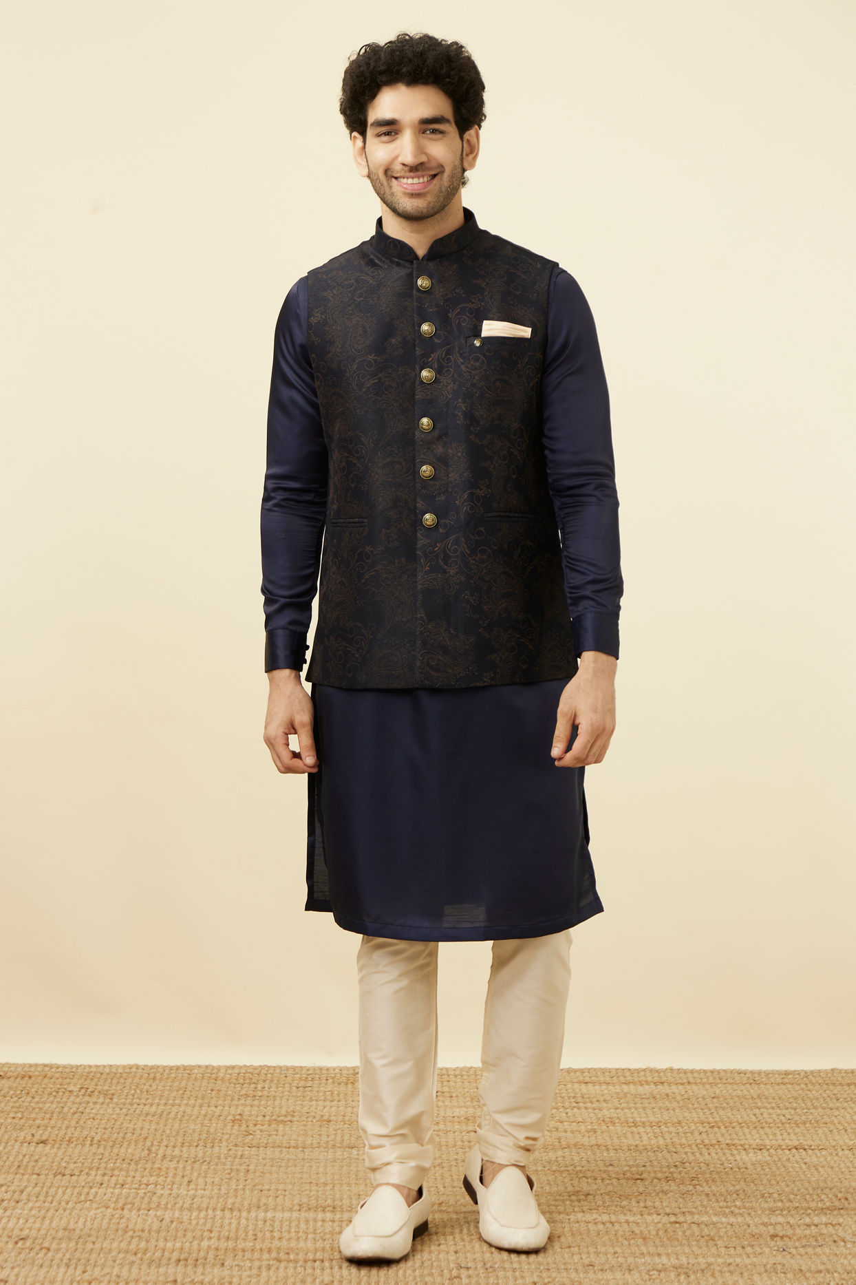 alt message - Manyavar Men Dark Blue Self Embossed Wear Jacket image number 2