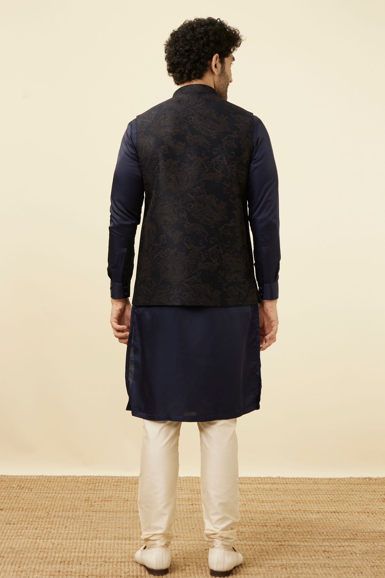 alt message - Manyavar Men Dark Blue Self Embossed Wear Jacket image number 3