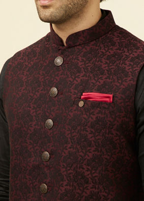 alt message - Manyavar Men Maroon Self Design Bandhgala Jacket image number 1