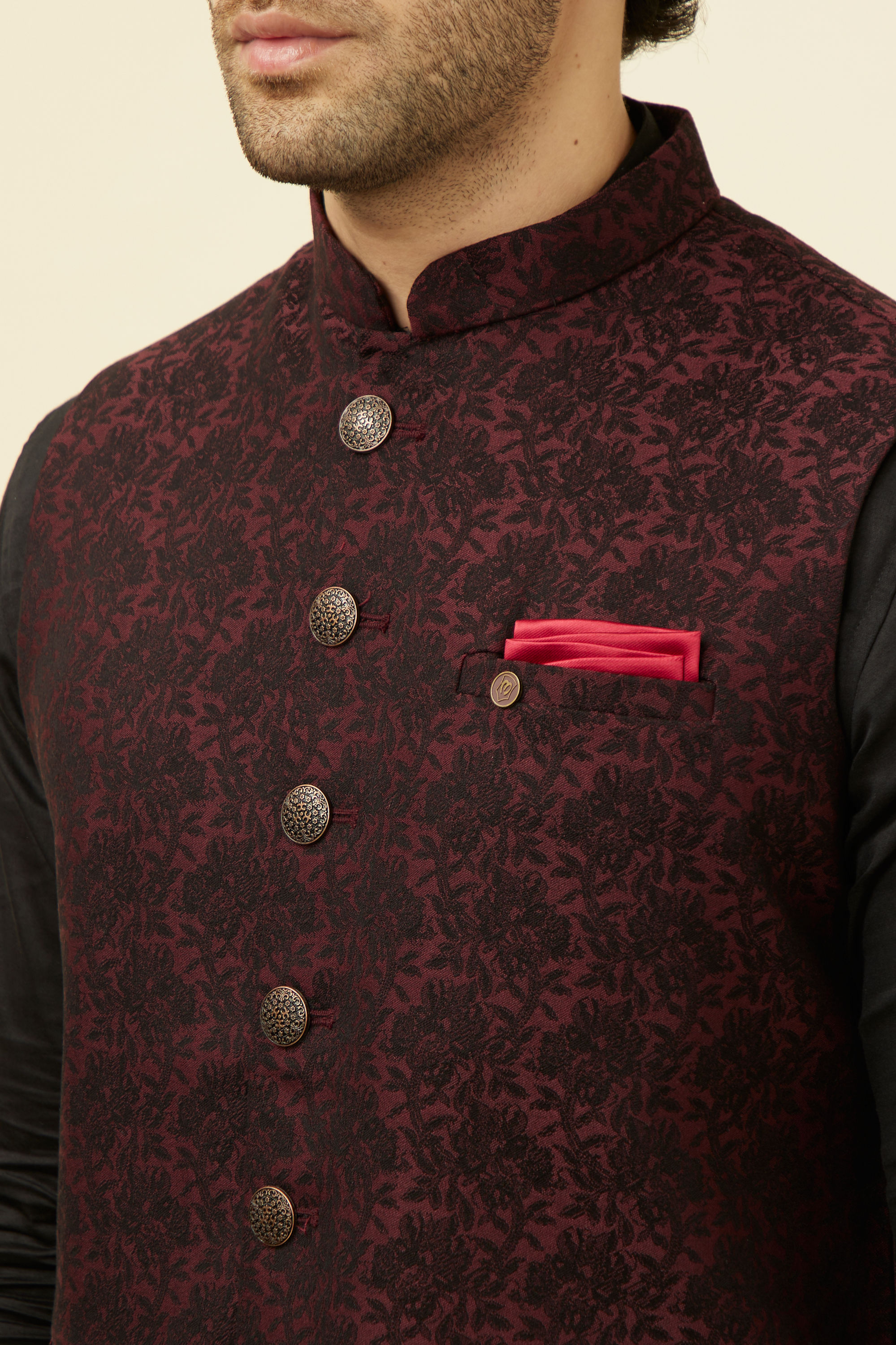 Manyavar Men Maroon Self Design Bandhgala Jacket