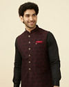 alt message - Manyavar Men Maroon Self Design Bandhgala Jacket image number 0